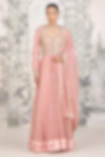 Rose Pink Silk Georgette Embroidered & Printed Wedding Anarkali Set by Shyam Narayan Prasad at Pernia's Pop Up Shop