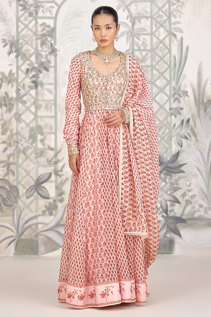 Rose Pink Silk Georgette Embroidered & Printed Wedding Anarkali Set by Shyam Narayan Prasad at Pernia's Pop Up Shop