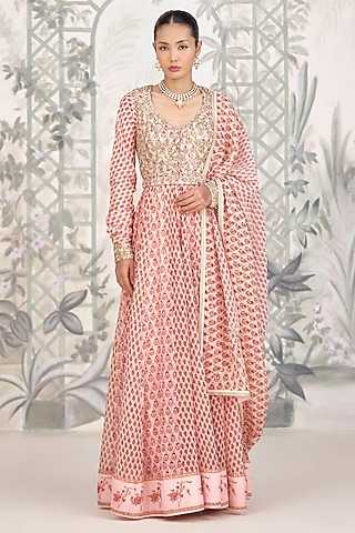 Rose Pink Silk Georgette Embroidered & Printed Anarkali Set by Shyam Narayan Prasad