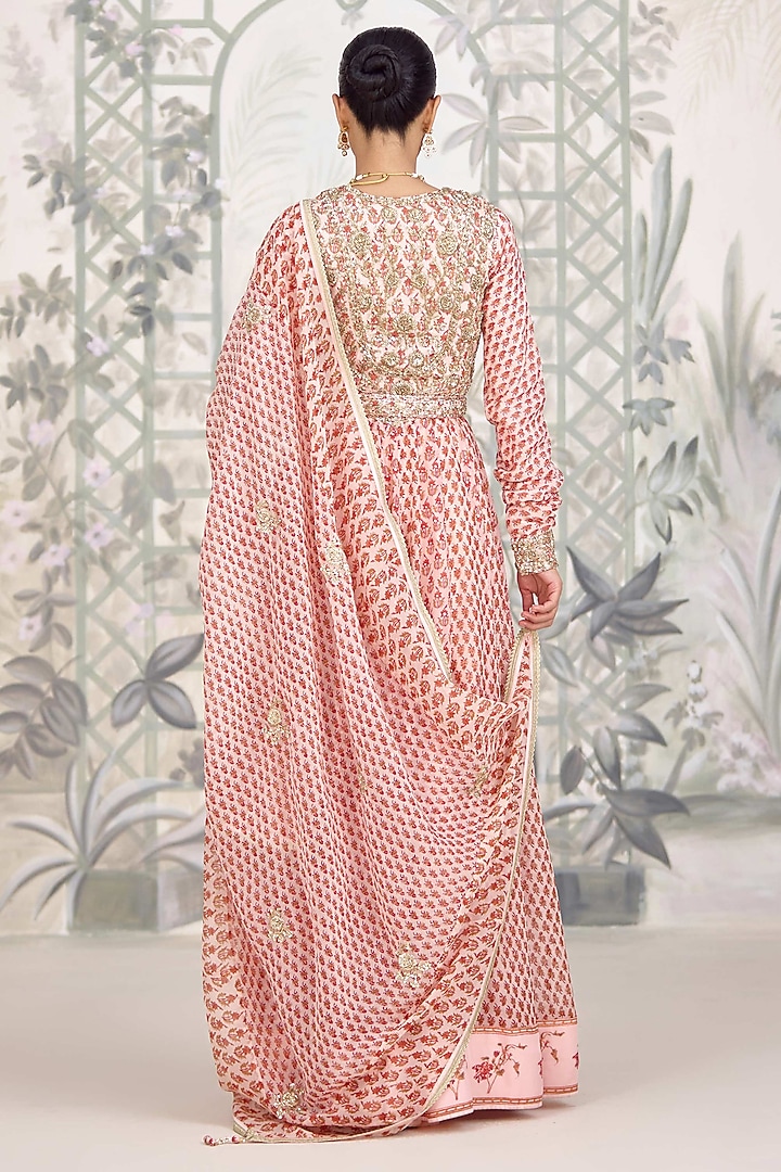 Rose Pink Silk Georgette Embroidered & Printed Wedding Anarkali Set by Shyam Narayan Prasad at Pernia's Pop Up Shop