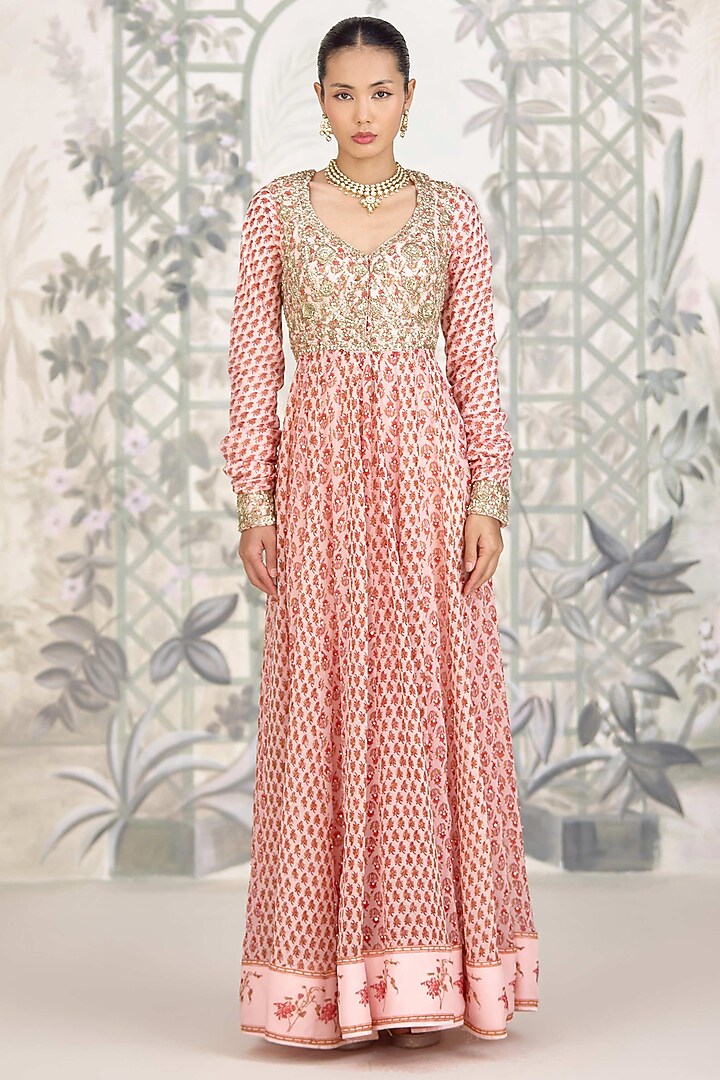 Rose Pink Silk Georgette Embroidered & Printed Wedding Anarkali Set by Shyam Narayan Prasad at Pernia's Pop Up Shop