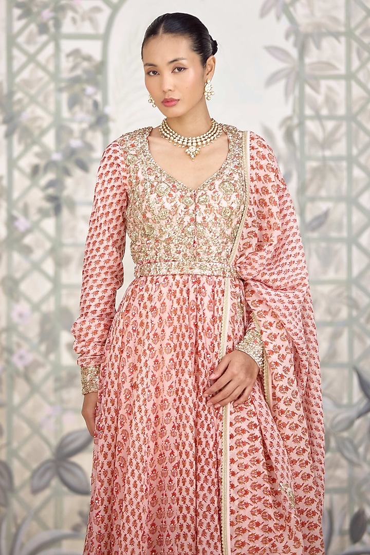 Rose Pink Silk Georgette Embroidered & Printed Wedding Anarkali Set by Shyam Narayan Prasad at Pernia's Pop Up Shop