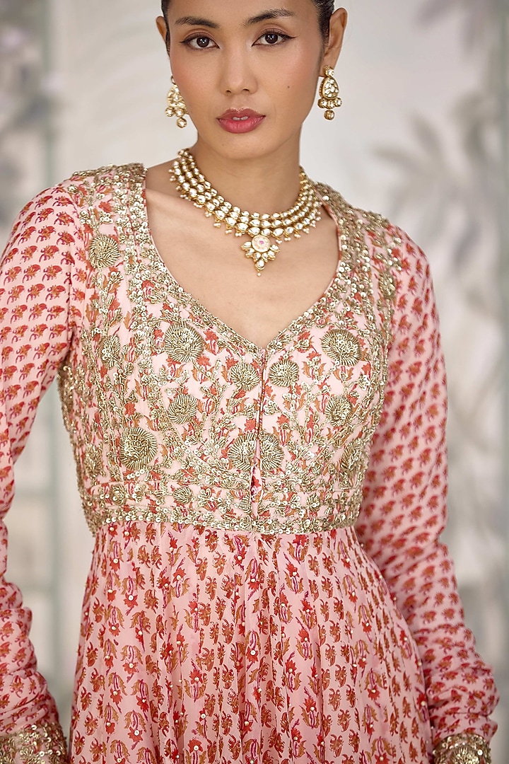 Rose Pink Silk Georgette Embroidered & Printed Wedding Anarkali Set by Shyam Narayan Prasad at Pernia's Pop Up Shop