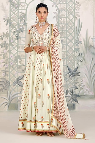 Canary Green Silk Georgette Embroidered & Printed Anarkali Set by Shyam Narayan Prasad