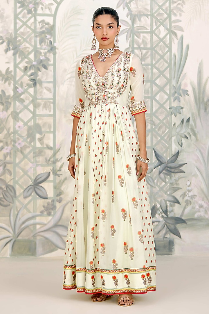 Canary Green Silk Georgette Embroidered & Printed Wedding Anarkali Set by Shyam Narayan Prasad at Pernia's Pop Up Shop