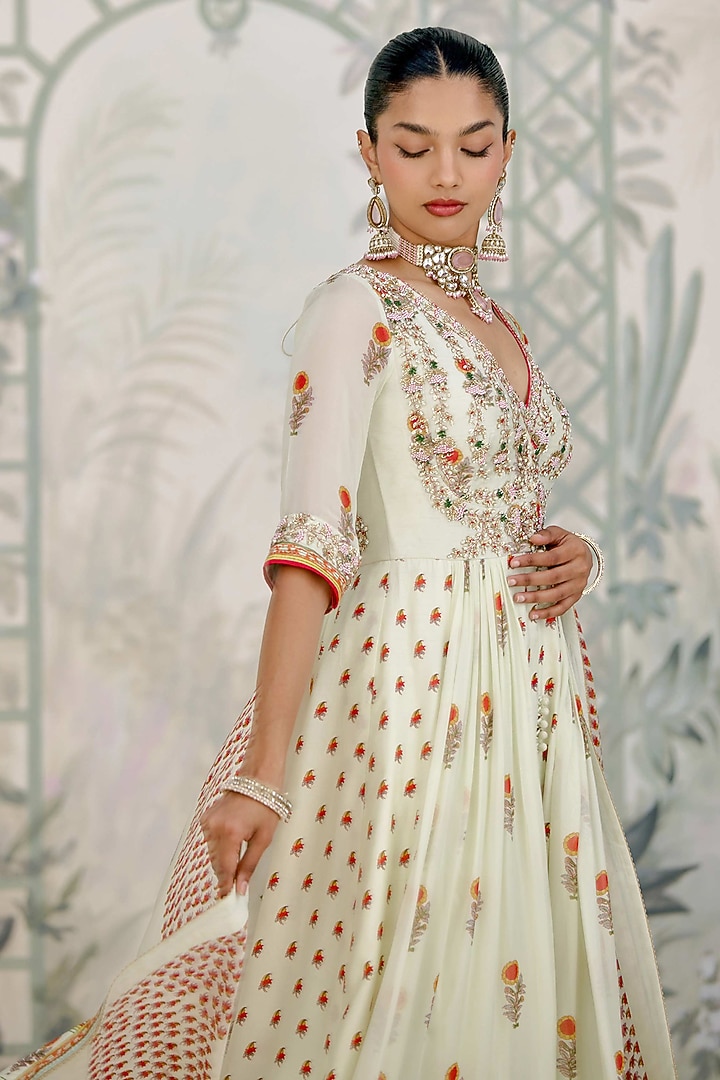 Canary Green Silk Georgette Embroidered & Printed Wedding Anarkali Set by Shyam Narayan Prasad at Pernia's Pop Up Shop