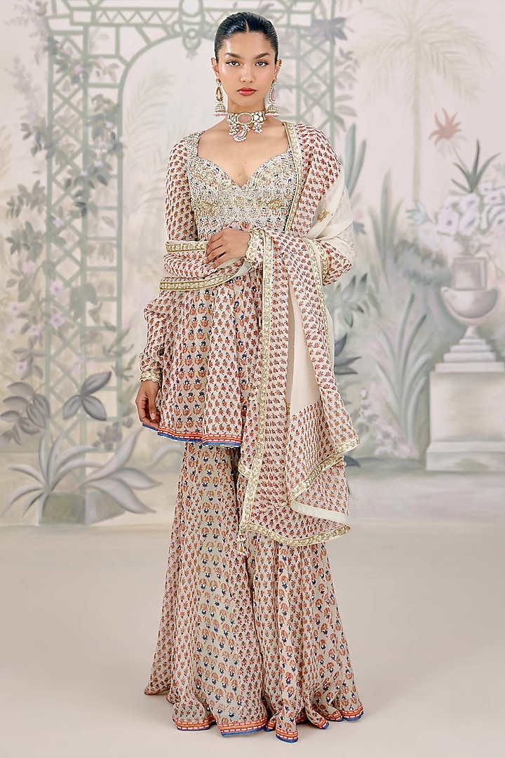 Birch White Georgette Printed Wedding Sharara Set by Shyam Narayan Prasad at Pernia's Pop Up Shop