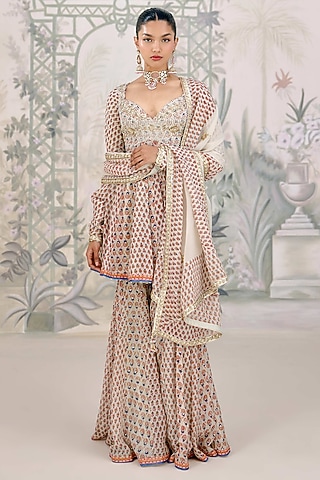 Birch White Georgette Printed Sharara Set by Shyam Narayan Prasad