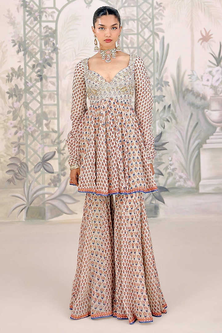 Birch White Georgette Printed Wedding Sharara Set by Shyam Narayan Prasad at Pernia's Pop Up Shop