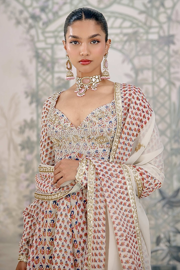 Birch White Georgette Printed Wedding Sharara Set by Shyam Narayan Prasad at Pernia's Pop Up Shop