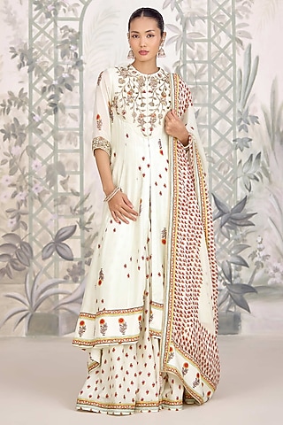 Canary Green Silk Georgette Embroidered & Printed Anarkali Set by Shyam Narayan Prasad