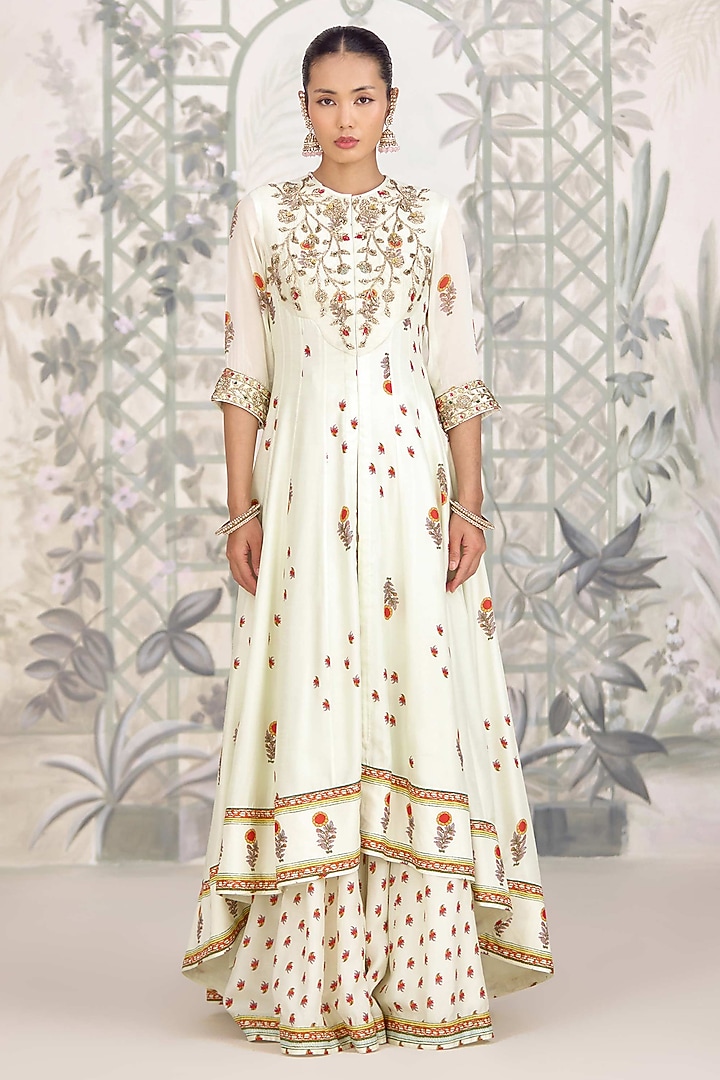 Canary Green Silk Georgette Embroidered & Printed Wedding Anarkali Set by Shyam Narayan Prasad at Pernia's Pop Up Shop