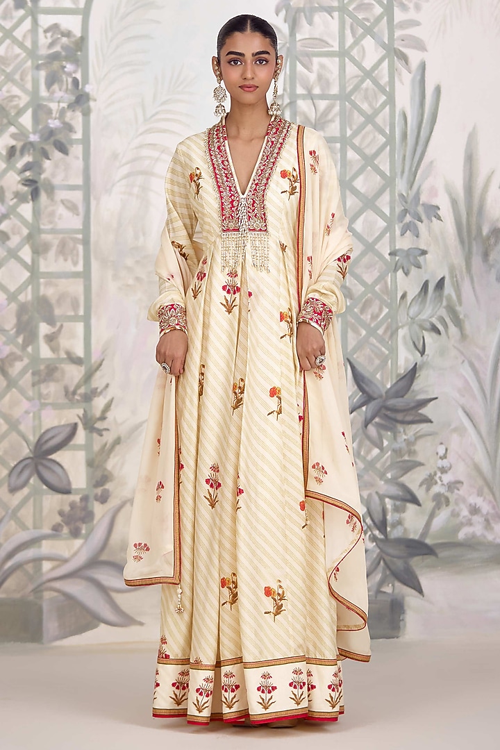 Ivory Silk Georgette Embroidered & Printed Party Wear Anarkali Set by Shyam Narayan Prasad at Pernia's Pop Up Shop