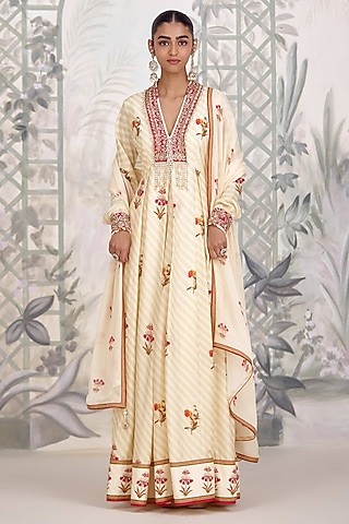 Ivory Silk Georgette Embroidered & Printed Anarkali Set by Shyam Narayan Prasad