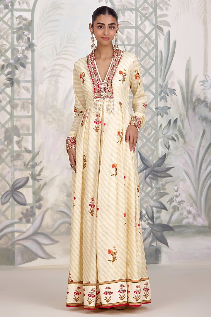 Ivory Silk Georgette Embroidered & Printed Party Wear Anarkali Set by Shyam Narayan Prasad at Pernia's Pop Up Shop