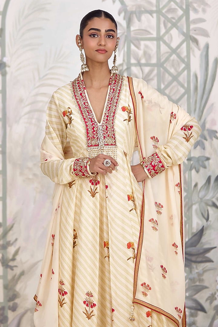 Ivory Silk Georgette Embroidered & Printed Party Wear Anarkali Set by Shyam Narayan Prasad at Pernia's Pop Up Shop