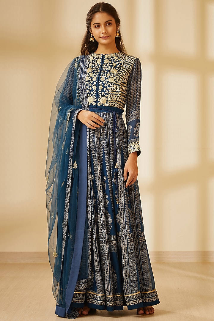 Navy Blue Embroidered & Printed Anarkali Set Design By Shyam Narayan 