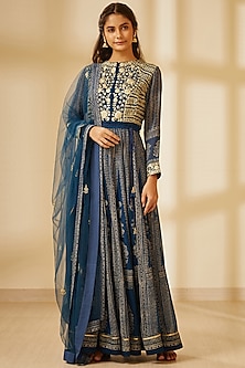 Navy Blue Embroidered & Printed Anarkali Set Design by Shyam Narayan ...