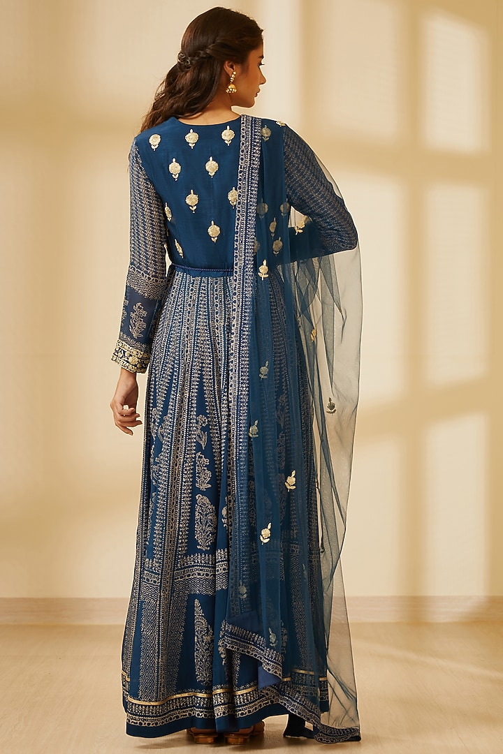 Navy Blue Embroidered & Printed Wedding Anarkali Set by Shyam Narayan Prasad at Pernia's Pop Up Shop