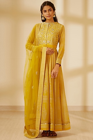 Mustard Yellow Embroidered & Printed Anarkali Set by Shyam Narayan Prasad