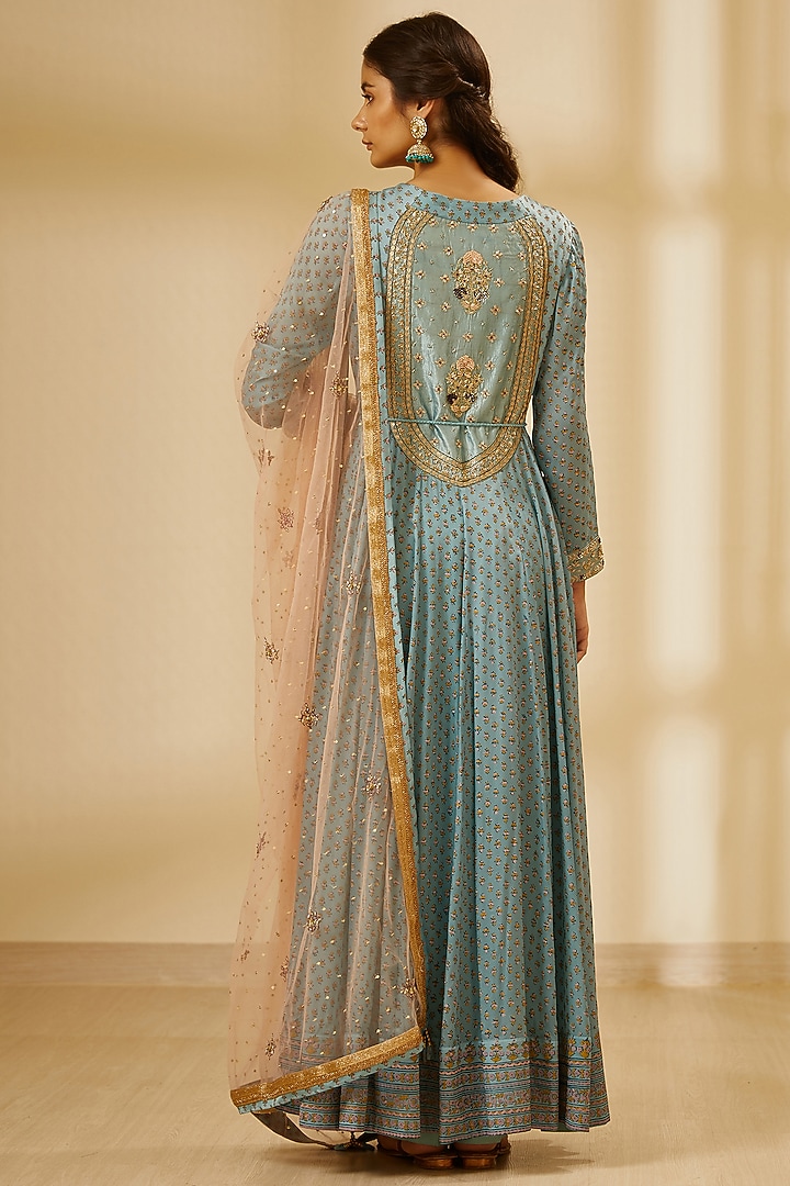 Sea Blue Embroidered & Printed Wedding Anarkali Set by Shyam Narayan Prasad at Pernia's Pop Up Shop