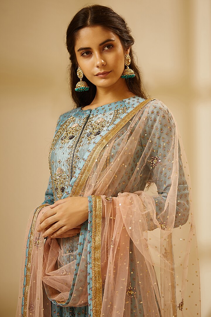 Sea Blue Embroidered & Printed Wedding Anarkali Set by Shyam Narayan Prasad at Pernia's Pop Up Shop