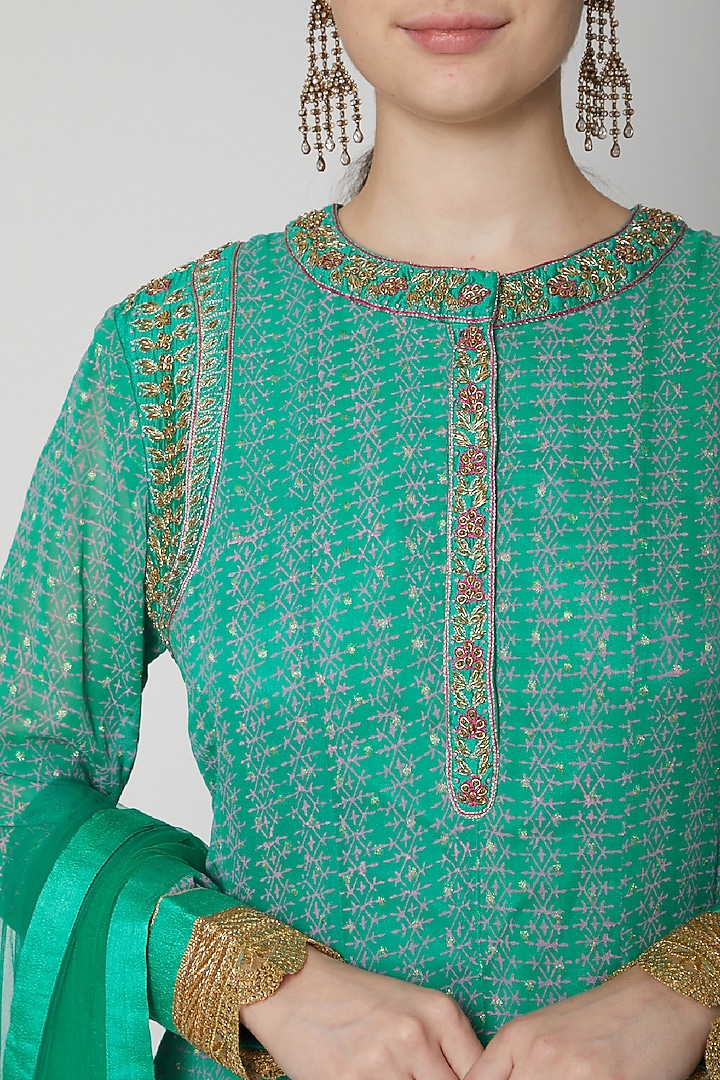 Teal Green Embroidered & Printed Party Wear Anarkali Set by Shyam Narayan Prasad at Pernia's Pop Up Shop