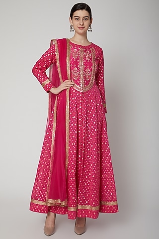 Dark Pink Embroidered Anarkali Set by Shyam Narayan Prasad