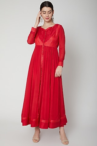 Red Brocade Angrakha Set by Shyam Narayan Prasad