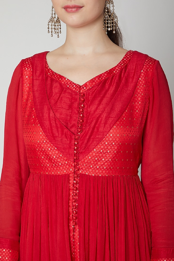 Red Brocade Angrakha Set by Shyam Narayan Prasad at Pernia's Pop Up Shop