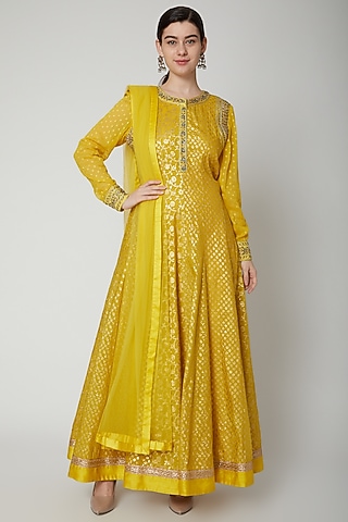 Yellow Embroidered Anarkali Set by Shyam Narayan Prasad
