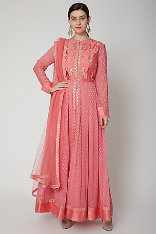 Pink Printed & Embroidered Anarkali Set by Shyam Narayan Prasad