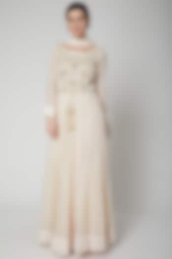 Off White Printed & Embroidered Party Wear Anarkali Set by Shyam Narayan Prasad at Pernia's Pop Up Shop