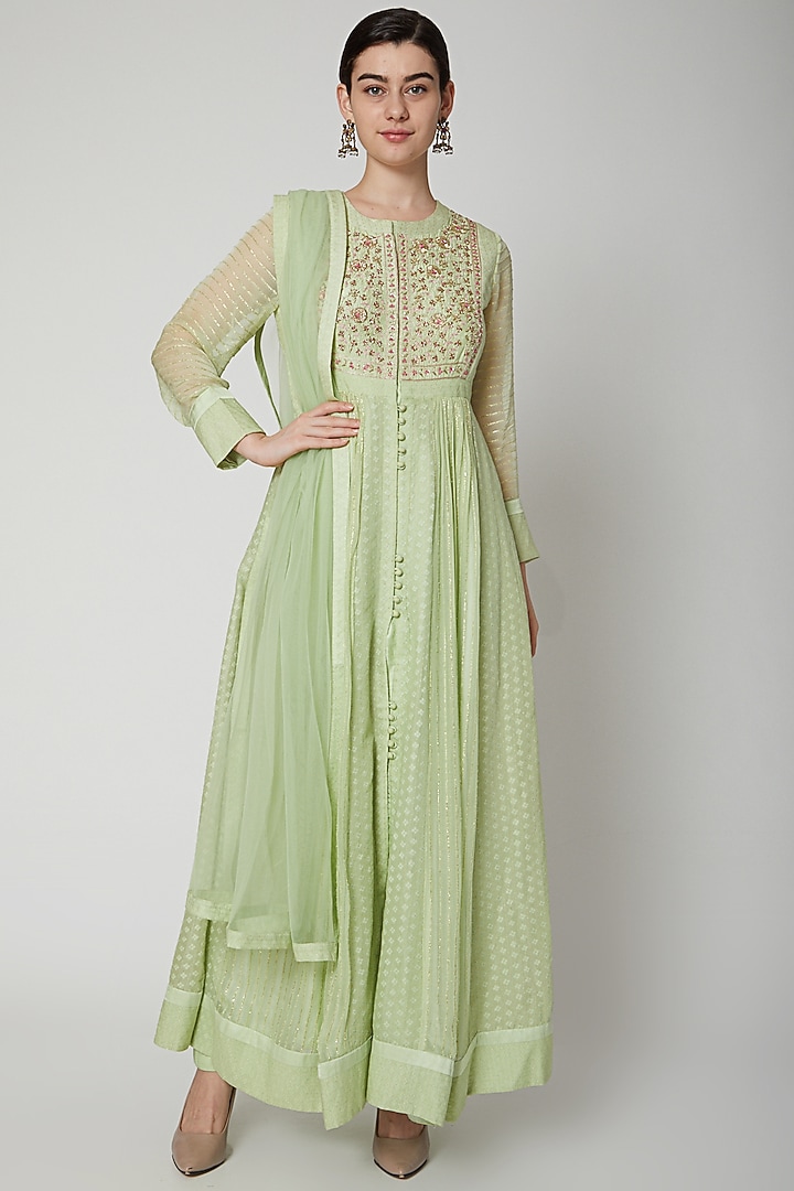 Mint Green Embroidered Party Wear Anarkali Set by Shyam Narayan Prasad at Pernia's Pop Up Shop