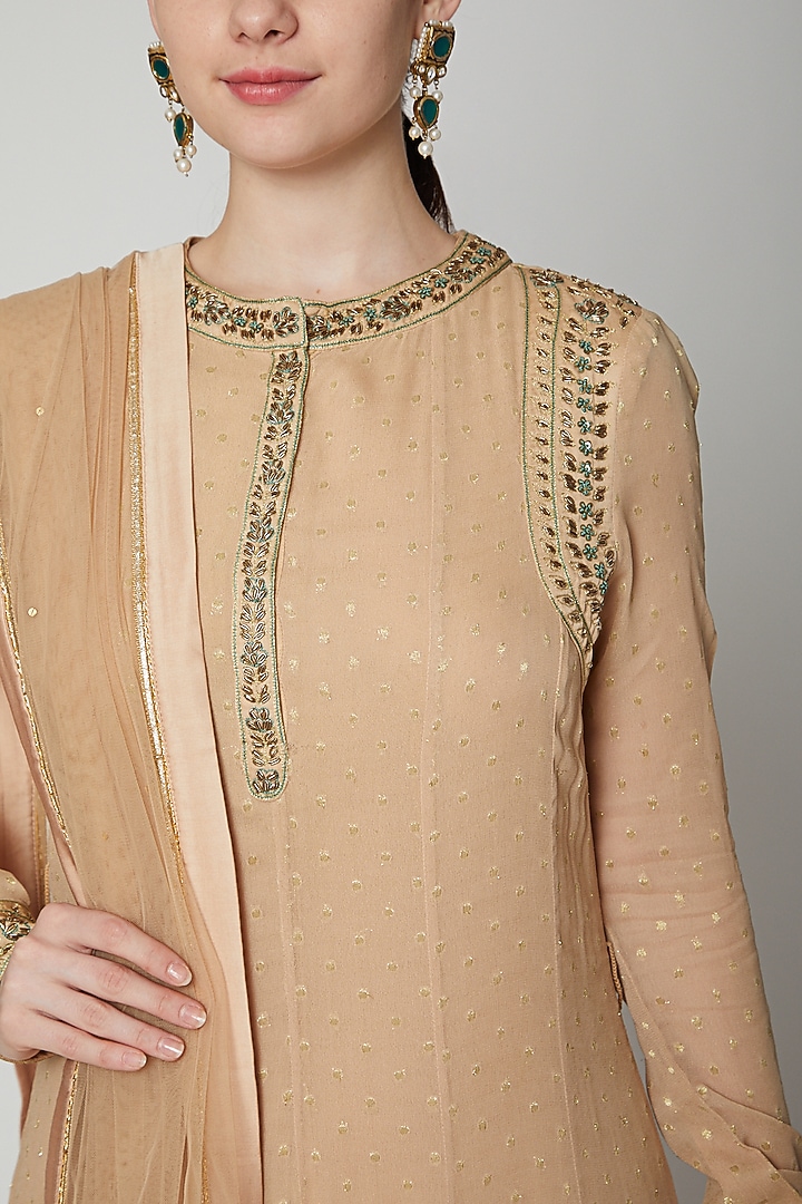 Beige Embroidered Party Wear Anarkali Set by Shyam Narayan Prasad at Pernia's Pop Up Shop