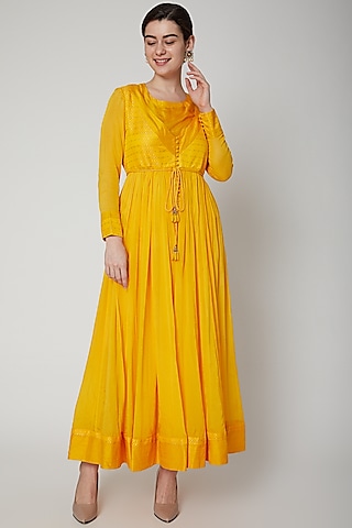 Yellow Brocade Angrakha Set by Shyam Narayan Prasad