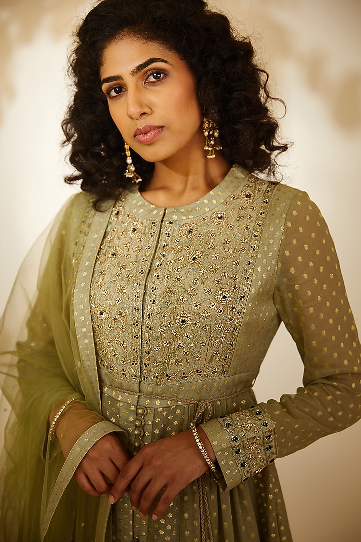 Neutral Green Embroidered Party Wear Anarkali Set by Shyam Narayan Prasad at Pernia's Pop Up Shop