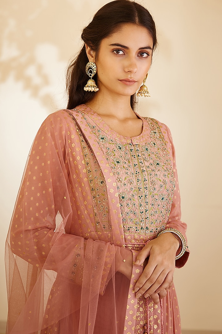 Neutral Pink Embroidered Party Wear Anarkali Set by Shyam Narayan Prasad at Pernia's Pop Up Shop
