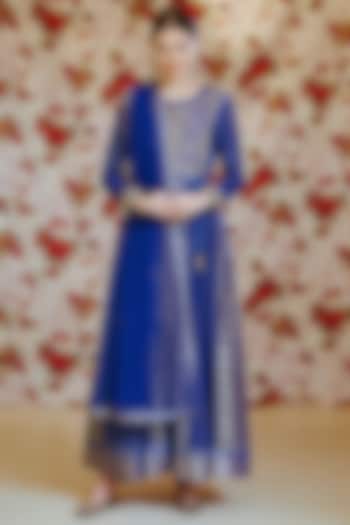 Royal Blue Silk Chanderi Brocade Zardosi Embroidered Anarkali Set by Shyam Narayan Prasad