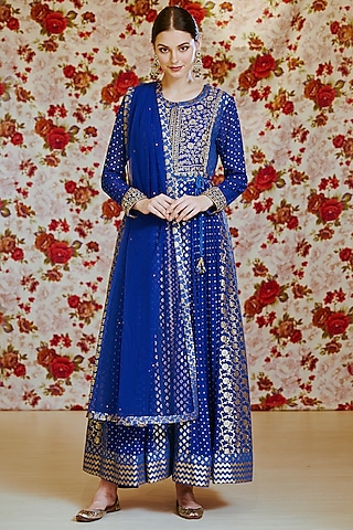 Royal Blue Silk Chanderi Brocade Zardosi Embroidered Anarkali Set by Shyam Narayan Prasad