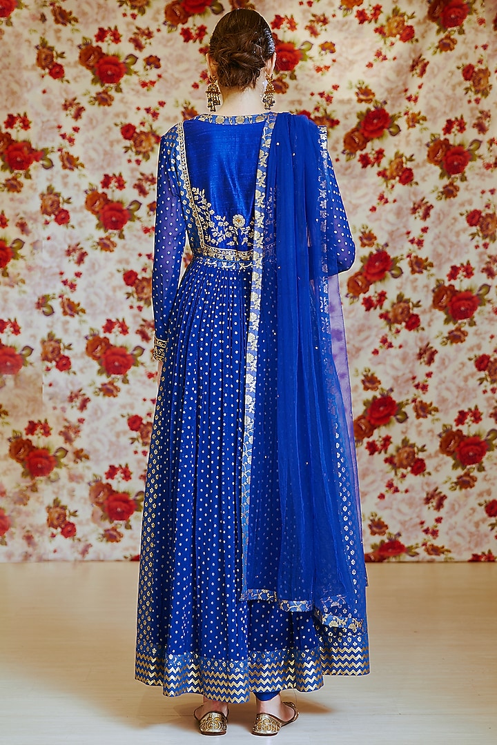 Royal Blue Silk Chanderi Brocade Zardosi Embroidered Wedding Anarkali Set by Shyam Narayan Prasad at Pernia's Pop Up Shop