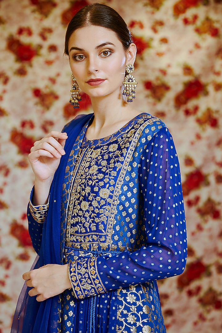 Royal Blue Silk Chanderi Brocade Zardosi Embroidered Wedding Anarkali Set by Shyam Narayan Prasad at Pernia's Pop Up Shop