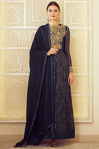 Navy Blue Embroidered Anarkali Set by Shyam Narayan Prasad