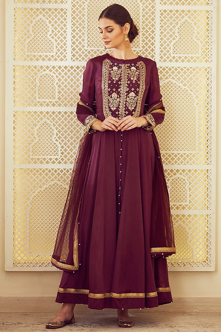 Wine Embroidered Anarkali Set Design by Shyam Narayan Prasad at Pernia ...