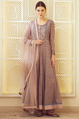 Light Neutral Pink Printed & Embroidered Anarkali Set by Shyam Narayan Prasad