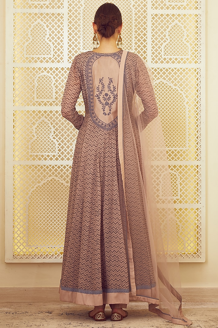 Light Neutral Pink Printed & Embroidered Party Wear Anarkali Set by Shyam Narayan Prasad at Pernia's Pop Up Shop