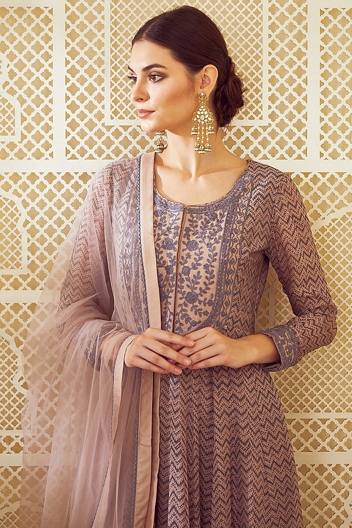 Light Neutral Pink Printed & Embroidered Party Wear Anarkali Set by Shyam Narayan Prasad at Pernia's Pop Up Shop