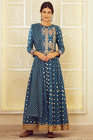 Teal Blue Embroidered Anarkali Set by Shyam Narayan Prasad