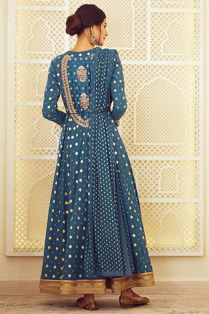 Teal Blue Embroidered Wedding Anarkali Set by Shyam Narayan Prasad at Pernia's Pop Up Shop