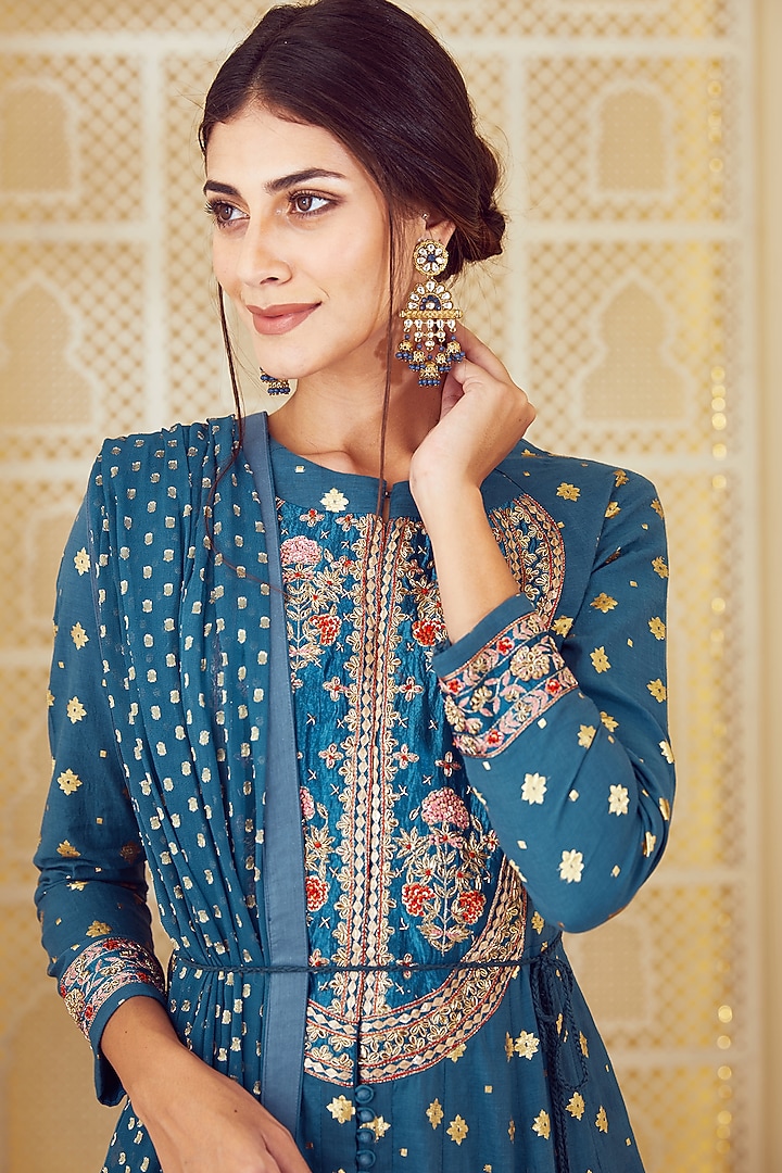 Teal Blue Embroidered Wedding Anarkali Set by Shyam Narayan Prasad at Pernia's Pop Up Shop